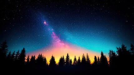 Fototapeta premium Starry skies nature concept. A stunning twilight scene featuring a starry sky over silhouetted trees.