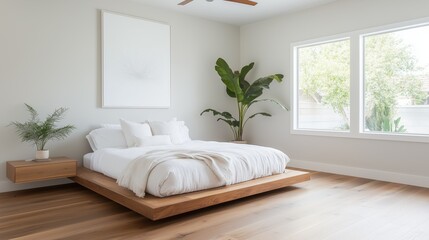 A bedroom with a white bed and a white wall. The bed is on a wooden platform and there is a potted plant next to it. The room has a minimalist and clean look