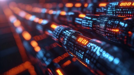 Abstract digital network with glowing binary code in a futuristic setting, symbolizing technology