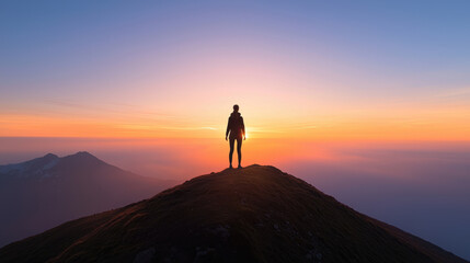 Fototapeta premium A silhouette of a person standing on a mountain peak during a vibrant sunset.