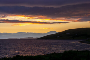 Dramatic sunset over Loch Broom in Ullapool, Highlands, Scotland UK