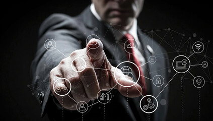A business professional points towards digital network icons, showcasing advanced technology concepts