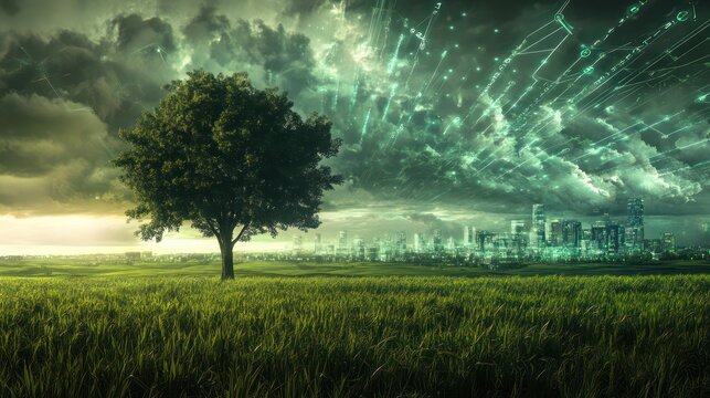 A lush field under dramatic storm clouds, a single tree standing resilient, with a futuristic city in the distance connected by glowing green data streams.