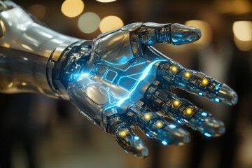 A cyberpunk-inspired mechanical arm that adjusts its shape, with neon-blue energy lines glowing throughout its structure, symbolizing futuristic versatility