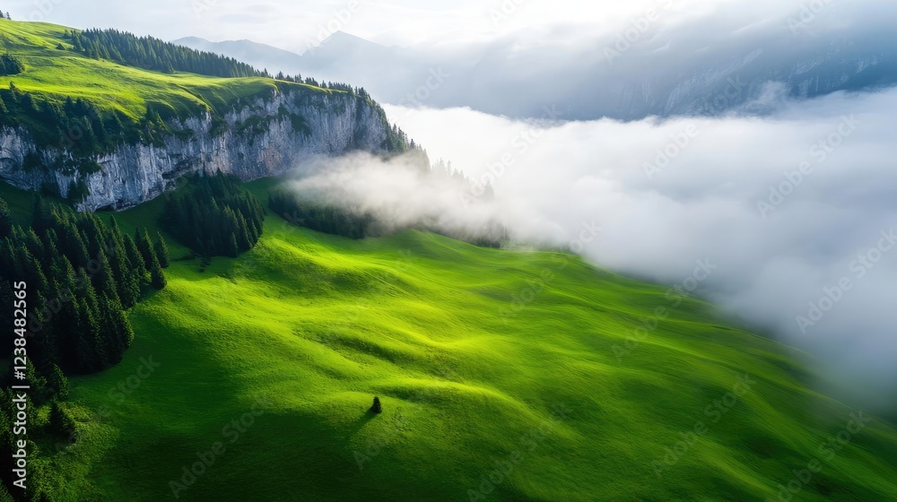 Poster mountains landscape nature idea. breathtaking view of green hills enveloped in soft mist under a clo