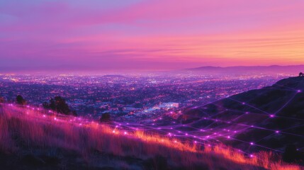 Fototapeta premium A lush hilltop meadow under a pink twilight sky, with a sprawling city below wrapped in glowing purple and orange digital lines.