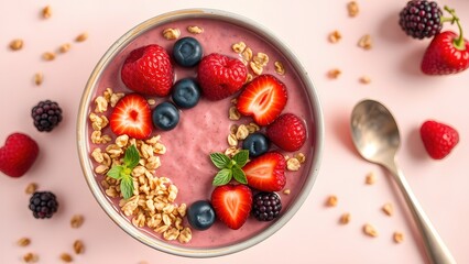 Bowl of granola with yogurt and berries for healthy breakfast.