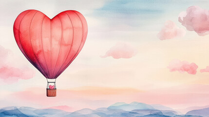 Fototapeta premium A whimsical heart-shaped hot air balloon floats over serene colorful landscapes.