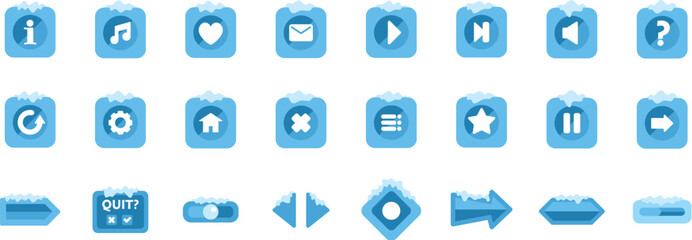Ice covered buttons for casual games, featuring icons for settings, music, navigation, and more
