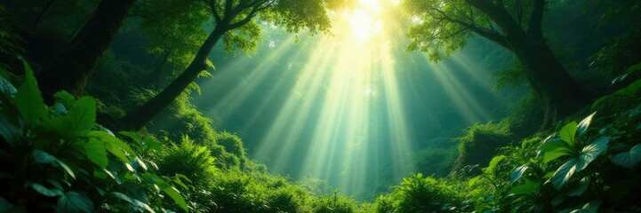 Sunlight filters through the dense foliage above a small clearing in the rainforest, nature, greenery