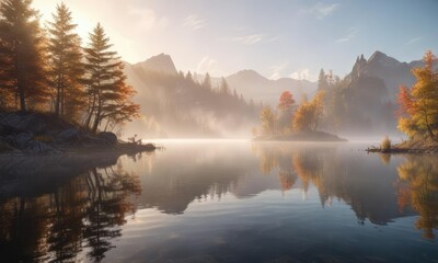 Fototapeta premium Sunlight piercing the mist above a tranquil lake, water, calm, reflections
