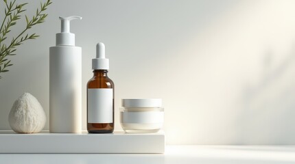 Serene arrangement of skincare products on a white shelf with natural elements