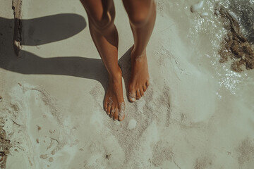 Fototapeta premium Woman's bare feet walking on the sand towards the sea, floor level shots