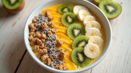 Vibrant smoothie bowl featuring banana, kiwi, and granola toppings