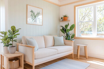 Bright, modern living room with plants and cozy furniture for a fresh atmosphere.