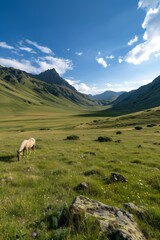 Fototapeta premium Haflinger in Mountain Meadow: A Haflinger horse, grazing in a flower-filled meadow at the base of a majestic mountain range.