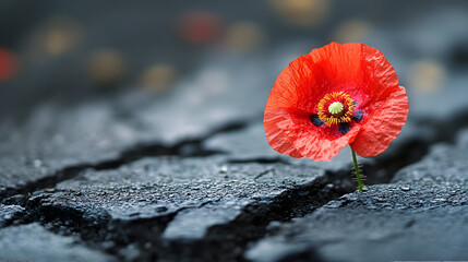 A yellow flower is growing out of a crack in the pavement. The image has a mood of hope and resilience, as the flower is able to grow and thrive despite the difficult conditions