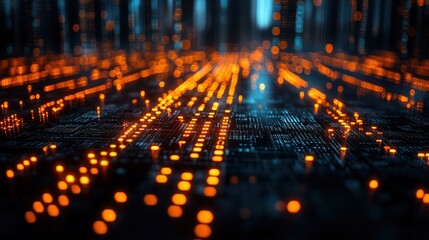 Abstract representation of a digital landscape with glowing circuits and data flow in a futuristic setting