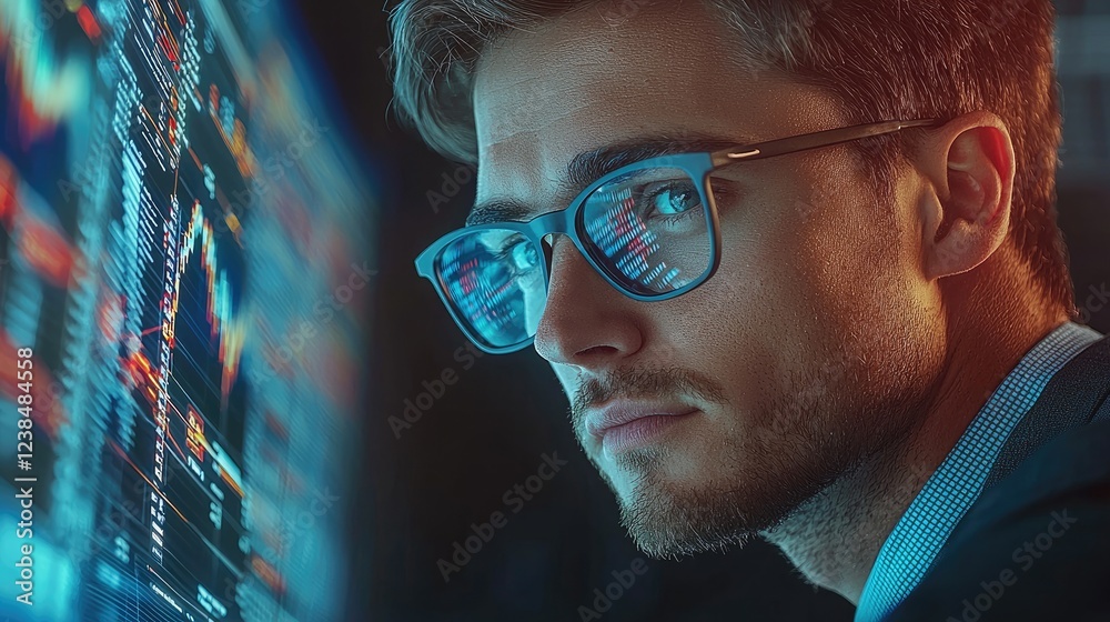 Aufkleber A cybersecurity analyst working in a high-tech environment, sitting at a desk with multiple monitors displaying lines of code, digital security graphs, and futuristic interface elements.