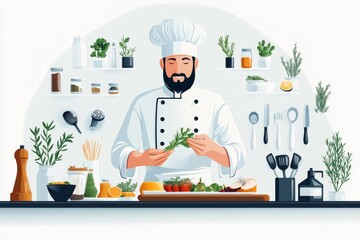 A flat illustration of a chef expertly garnishing a dish, with detailed icons of ingredients and utensils neatly arranged around them on a clean canvas