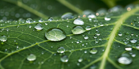 Macro Close-Up of Drops of Water on a Green Leaf Capturing Nature's Beauty