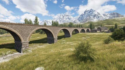 Fototapeta premium Stone Arch Bridge Spanning Valley Near Snowy Mountains