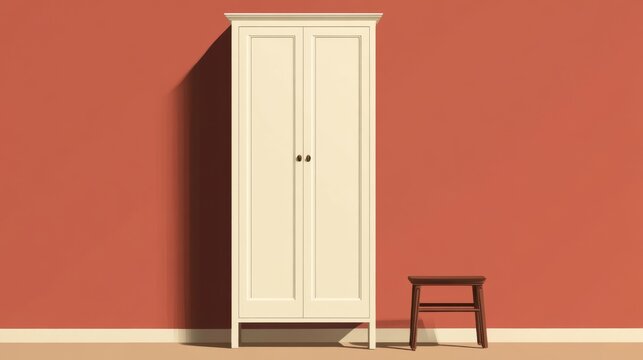 White wardrobe against terracotta wall, small stool. Home decor, interior design