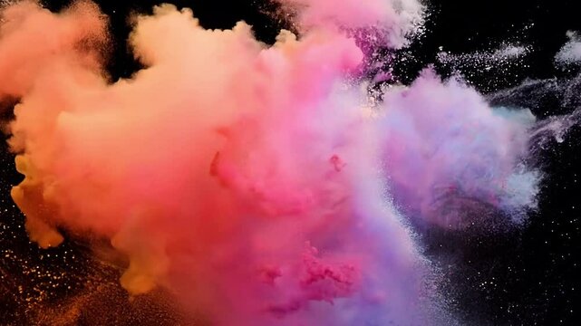 A colourful explosion in slow motion of coloured powder in front of a black background.
