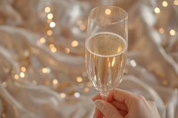 A hand holds a champagne flute filled with bubbly, against a soft, glowing background.