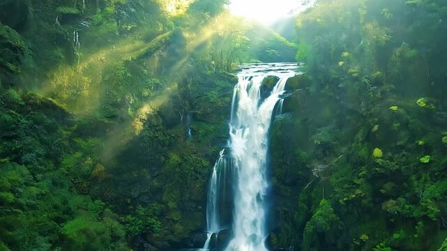 A cascading waterfall in a wooded area with sunbeams falling through the trees from above.
