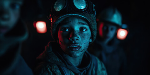 Portrait of a Dirt-Smudged Boy Wearing Goggles in Low Light