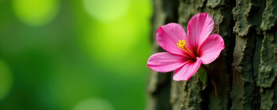 the delicate shape of a jambo flower contrasts with the rough bark of a tree, contrasting, greenery, blossoms