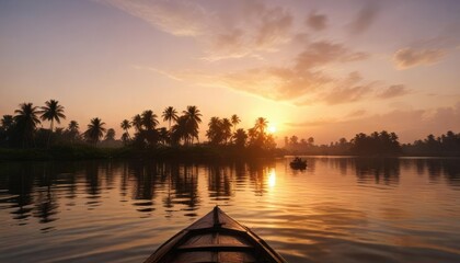 Obraz premium The gentle ripples of the water on the Kerala backwaters as a boat glides by during a breathtaking sunset, countryside, backwaters, boats