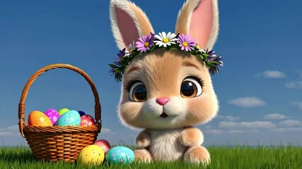 Adorable animated talking Easter bunny wearing a flower crown, sitting beside a basket of colorful eggs. Perfect for festive videos, holiday greetings, and interactive digital content.