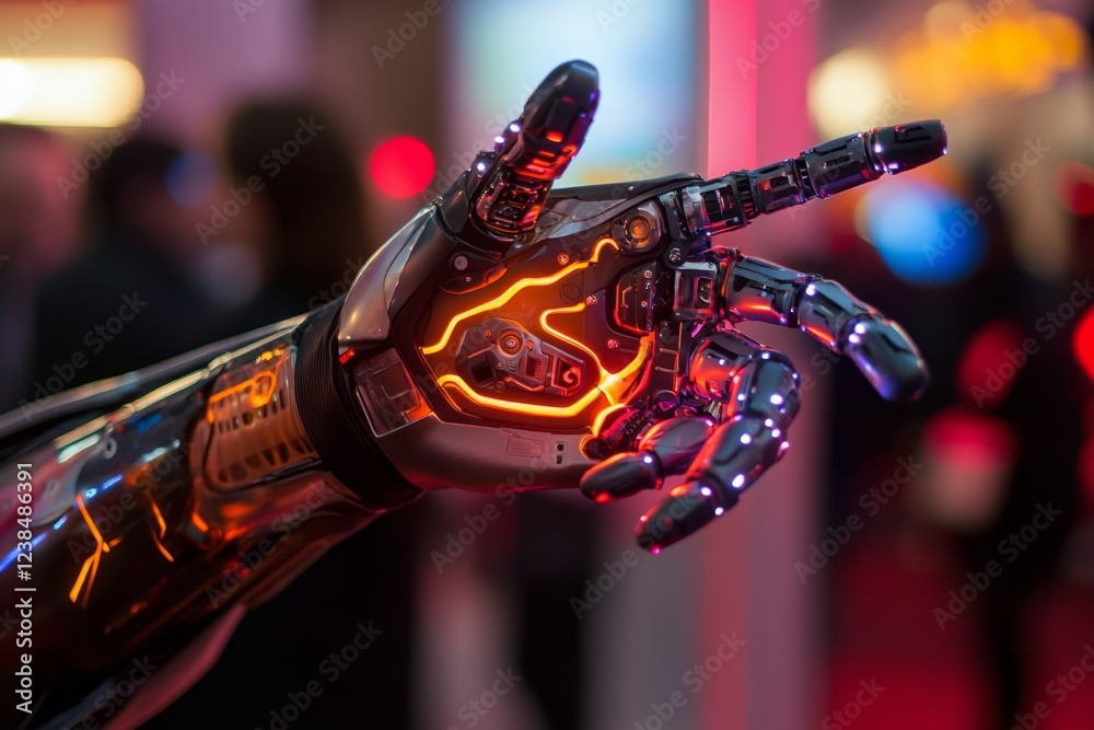 Aufkleber A high-tech robotic arm adjusting its form and tools to perform various tasks, glowing with neon-blue energy, symbolizing the ultimate versatility in AI
