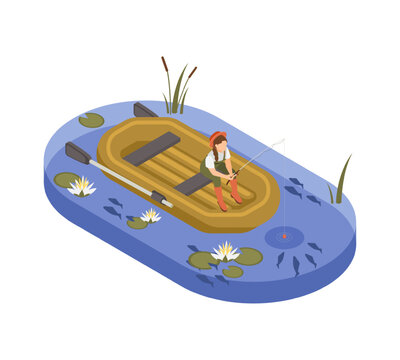 Alone fishing woman with rod sitting in rubber boan in pond. Female character rest on nature, on lake or river and fish. Fisherwoman vector isometric scene