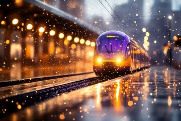 A hyper-realistic image of a train approaching the platform, its lights piercing through an early morning mist, symbolizing the arrival of something upcoming