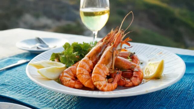 A plate of grilled jumbo shrimp is served with lemon wedges and parsley alongside two glasses of white wine with the Mediterranean sea waves in the background.	