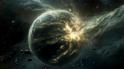 Obraz premium Futuristic depiction of a dark planet radiating golden energy, surrounded by cosmic dust and asteroids in deep outer space
