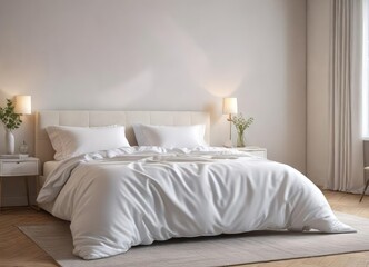 The white bed is made up of crisp, clean sheets and a plush comforter, inviting rest and relaxation in a peaceful atmosphere, crisp linens, soothing, plush comforter