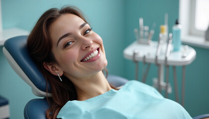 Fototapeta premium Smiling patient in dental chair experiencing a comfortable dental visit