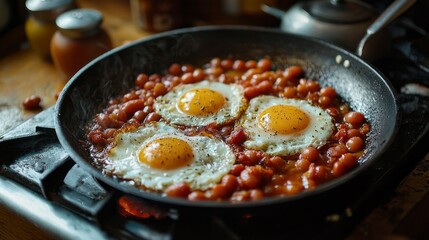 Golden eggs rest atop rich, savory beans in a cast-iron skillet, filling the air with the mouthwatering aroma of a delicious breakfast on a relaxed weekend morning