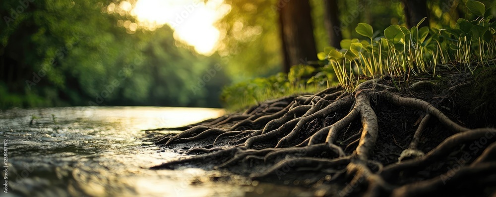 Poster riverside scenes nature concept. serene river scene with tree roots and lush greenery illuminated by