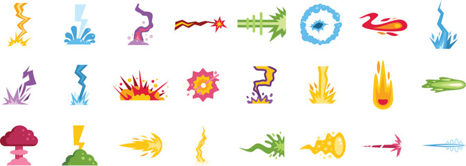 Cartoon explosions and flashes creating dynamic visual effects with vibrant colors, perfect for video games and animations