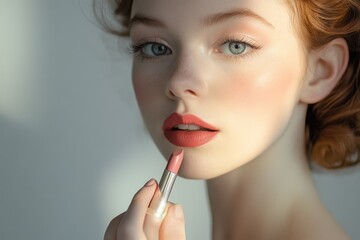 Obraz premium A redhead model with flawless makeup applies lipstick, showcasing beauty and cosmetics.