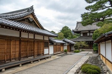 Obraz premium Traditional Japanese architecture with tiled roofs and wooden shutters, old, japanese, house, ancient, wood