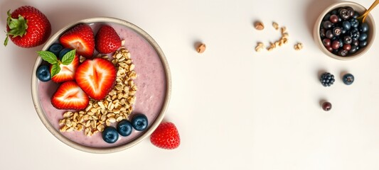 Bowl of granola with yogurt and berries for healthy breakfast.