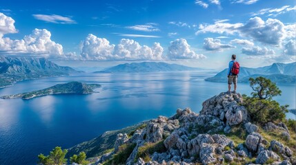 Fototapeta premium A hiker standing on a rocky mountain peak, gazing at the vast ocean and distant islands under a bright blue sky..