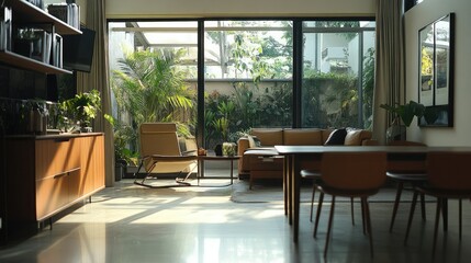 Bright room featuring energy-saving air conditioning, large windows for natural light, and stylish modern furnishings