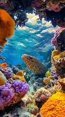 Fototapeta premium HD Phone Wallpaper Vibrant Reef Ecosystem Spotted Moray Eel among Coral and Tropical Fish